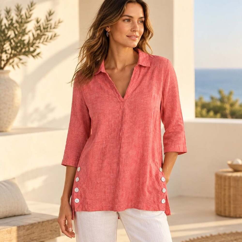 Tahari Linen Tunic Size 1X Pink Side Button 3/4 Sleeve Popover Shirt